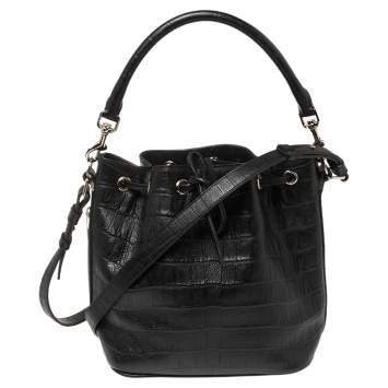 Pre Owned Saint Laurent Black Croc Embossed Leather Emmanuelle Drawstring Bucket Bag
