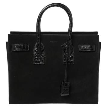 Pre Owned Saint Laurent Black Suede And Croc Embossed Leather Small Classic Sac De Jour Tote