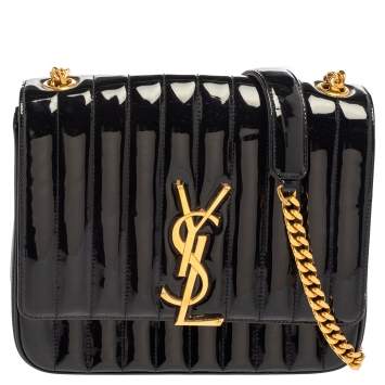Pre Owned Saint Laurent Black Patent Leather Large Monogram Vicky Shoulder Bag