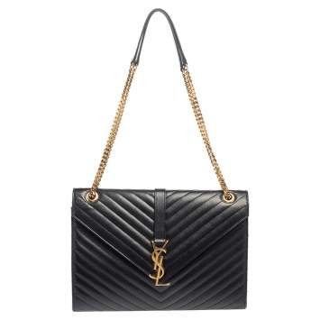 Pre Owned Saint Laurent Black Chevron Quilted Leather Monogram Envelope Shoulder Bag