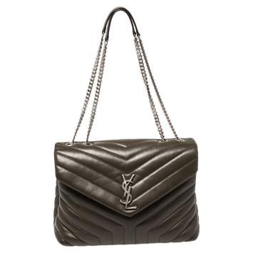 Pre Owned Saint Laurent Khaki Green Matelassé Leather Medium Loulou Shoulder Bag