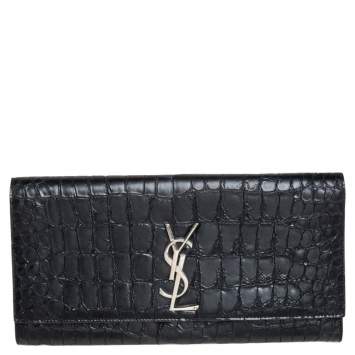Pre Owned Saint Laurent Black Croc Embossed Leather Kate Monogram Clutch