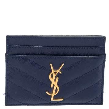 Pre Owned Saint Laurent Blue Matelassé Leather Monogram Card Holder