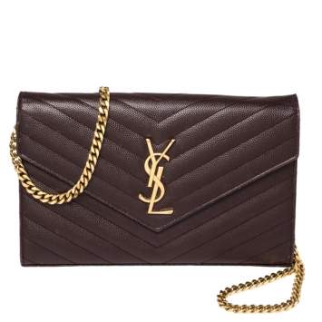 Pre Owned Saint Laurent Burgundy Matelassé Leather Monogram Envelope Wallet on Chain