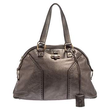 Pre Owned Saint Laurent Paris Metallic Grey Leather Medium Muse Tote
