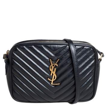 Pre Owned Saint Laurent Black Matelassé Leather Monogram Lou Camera Crossbody Bag