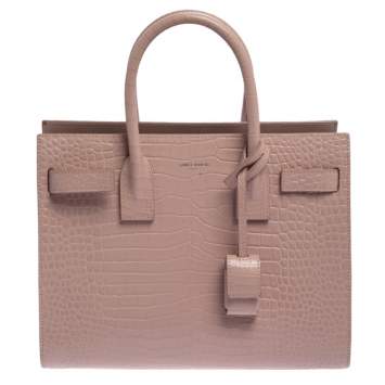 Pre Owned Saint Laurent Pink Croc Embossed Leather Baby Classic Sac De Jour Tote