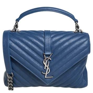 Pre Owned Saint Laurent Blue Matelassé Leather Medium College Top Handle Bag