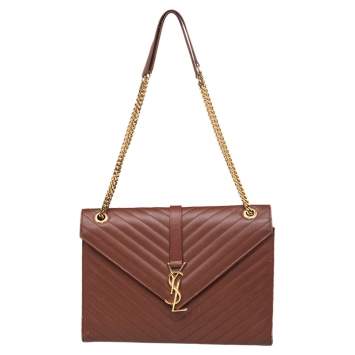Pre Owned Saint Laurent Brown Leather Large Cassandre Flap Shoulder Bag 