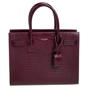 Pre Owned Saint Laurent Burgundy Croc Embossed Leather Baby Classic Sac De Jour Tote