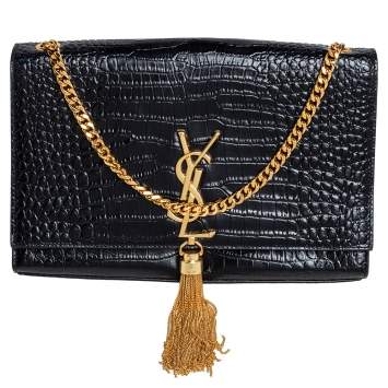 Pre Owned Saint Laurent Black Croc Embossed Leather Medium Kate Tassel Shoulder Bag