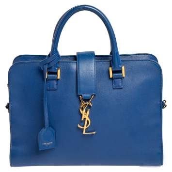 Pre Owned Saint Laurent Blue Leather Small Monogram Cabas Tote