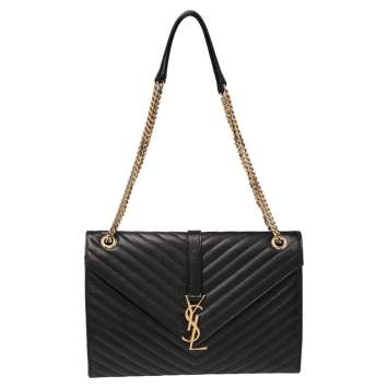 Pre Owned Saint Laurent Black Chevron Quilted Leather Monogram Envelope Shoulder Bag