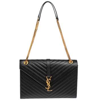 Pre Owned Saint Laurent Black Chevron Quilted Leather Monogram Envelope Shoulder Bag