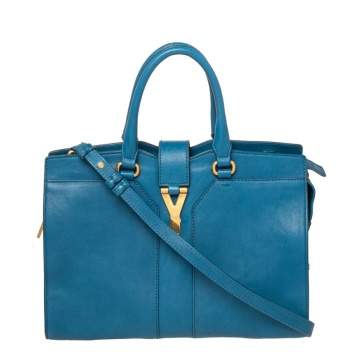 Pre Owned Saint Laurent Blue Leather Small Cabas Y-Ligne Tote