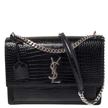 Pre Owned Saint Laurent Black Croc Embossed Leather Large Sunset Shoulder Bag