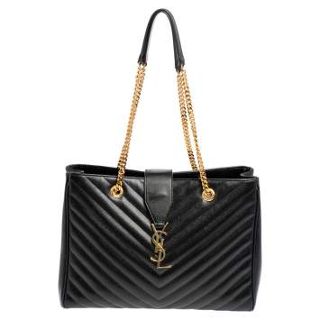 Pre Owned Saint Laurent Black Matelassé Leather Cassandre Shopper Tote