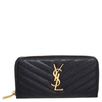 Pre Owned Saint Laurent Black Matelassé Leather Monogram Zip Around Wallet