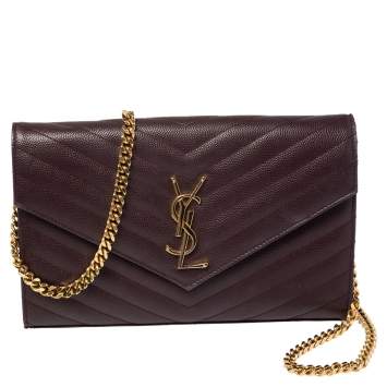 Pre Owned Saint Laurent Burgundy Matelassé Leather Monogram Envelope Wallet on Chain