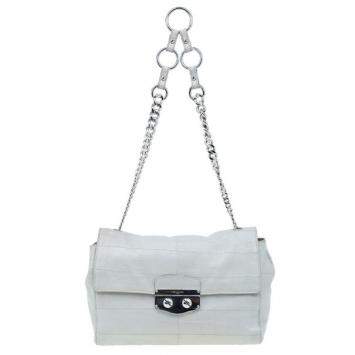 Pre Owned Yves Saint Laurent White Crocodile-Embossed Leather Flap Bag