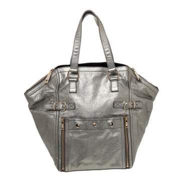 Pre Owned Yves Saint Laurent Grey Metallic Leather Downtown Tote
