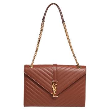 Pre Owned Saint Laurent Brown Chevron Quilted Leather Monogram Envelope Shoulder Bag