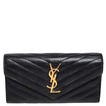Pre Owned Saint Laurent Black Chevron Leather Monogram Envelope Continental Wallet