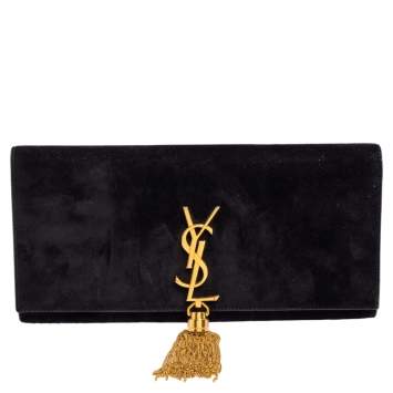 Pre Owned Saint Laurent Black Suede Cassandre Tassel Clutch