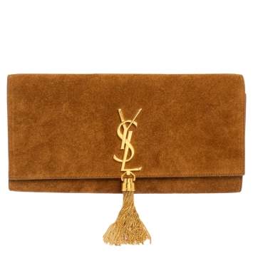 Pre Owned Saint Laurent Tan Suede Cassandre Tassel Clutch