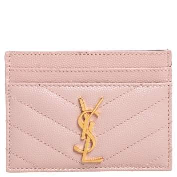 Pre Owned Saint Laurent Pink Matelassé Leather Monogram Card Holder