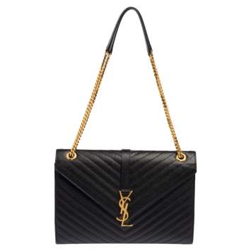 Pre Owned Saint Laurent Black Chevron Quilted Leather Monogram Envelope Shoulder Bag