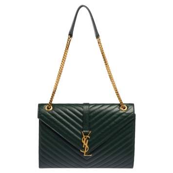 Pre Owned Saint Laurent Green Chevron Quilted Leather Monogram Envelope Shoulder Bag