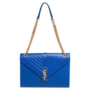 Pre Owned Saint Laurent Royal Blue Chevron Leather Monogram Envelope Shoulder Bag