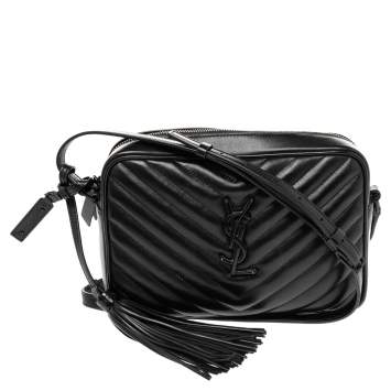 Pre Owned Saint Laurent Black Matelassé Leather Monogram Lou Camera Crossbody Bag