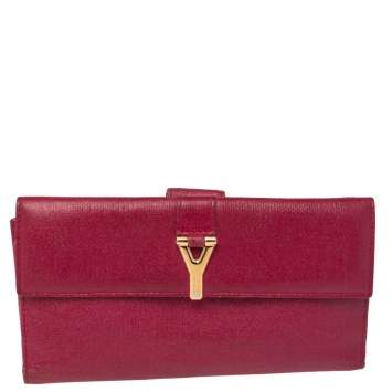 Pre Owned Yves Saint Laurent Magenta Leather Y Ligne Flap Continental Wallet