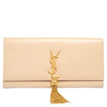 Pre Owned Saint Laurent Beige Leather Kate Tassel Clutch