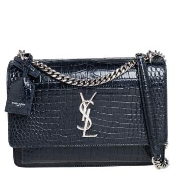 Pre Owned Saint Laurent Navy Blue Croc Embossed Leather Medium Sunset Shoulder Bag