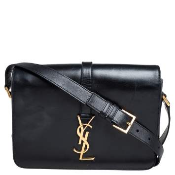 Pre Owned Saint Laurent Black Leather Medium Monogram Université Flap Shoulder Bag