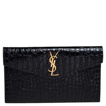 Pre Owned Saint Laurent Black Croc Embossed Leather Uptown Clutch