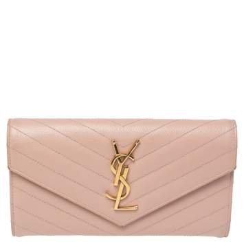 Pre Owned Saint Laurent Beige Matelassé Leather Monogram Envelope Wallet