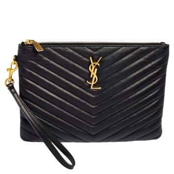 Pre Owned Saint Laurent Black Matelassé Leather Monogram Wristlet Clutch 