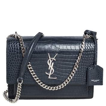 Pre Owned Saint Laurent Dark Grey Croc Embossed Leather Medium Sunset Shoulder Bag