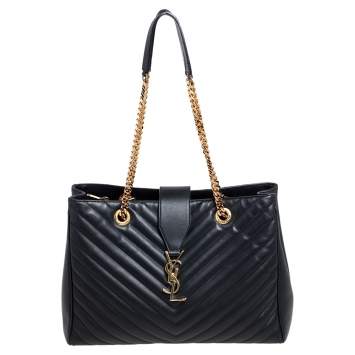 Pre Owned Saint Laurent Black Matelassé Leather Monogram Shopper Tote