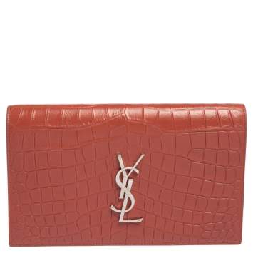 Pre Owned Saint Laurent Copper Brown Croc Embossed Leather Monogram Clutch 