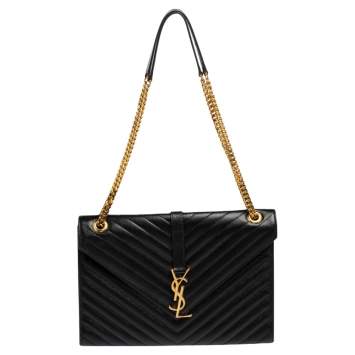 Pre Owned Saint Laurent Black Matelassé Leather Monogram Envelope Shoulder Bag