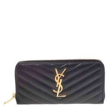 Pre Owned Saint Laurent Black Leather Monogram Zip Around Wallet