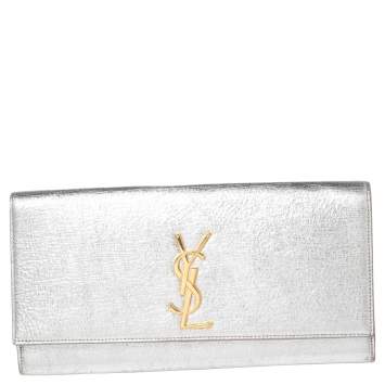 Pre Owned Saint Laurent Silver Crinkled Leather Monogram Cassandre Clutch