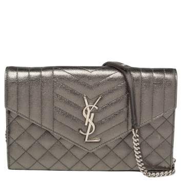 Pre Owned Saint Laurent Metallic Pale Green Tri Quilted Leather Monogram Envelope Chain Shoulder Bag
