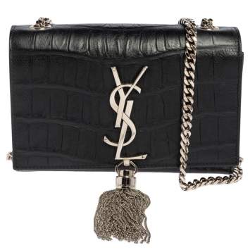 Pre Owned Saint Laurent Black Croc Embossed Leather Kate Shoulder Bag