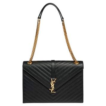 Pre Owned Saint Laurent Black Chevron Quilted Leather Monogram Envelope Shoulder Bag